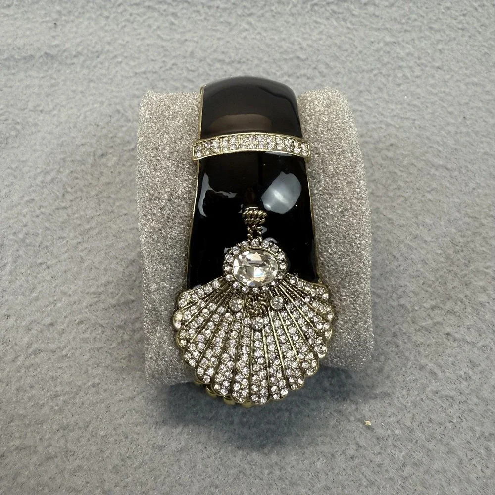 Rhinestone Shell Bangle Bracelet Black Enamel Gold Tone Crystal Clam Bling Party